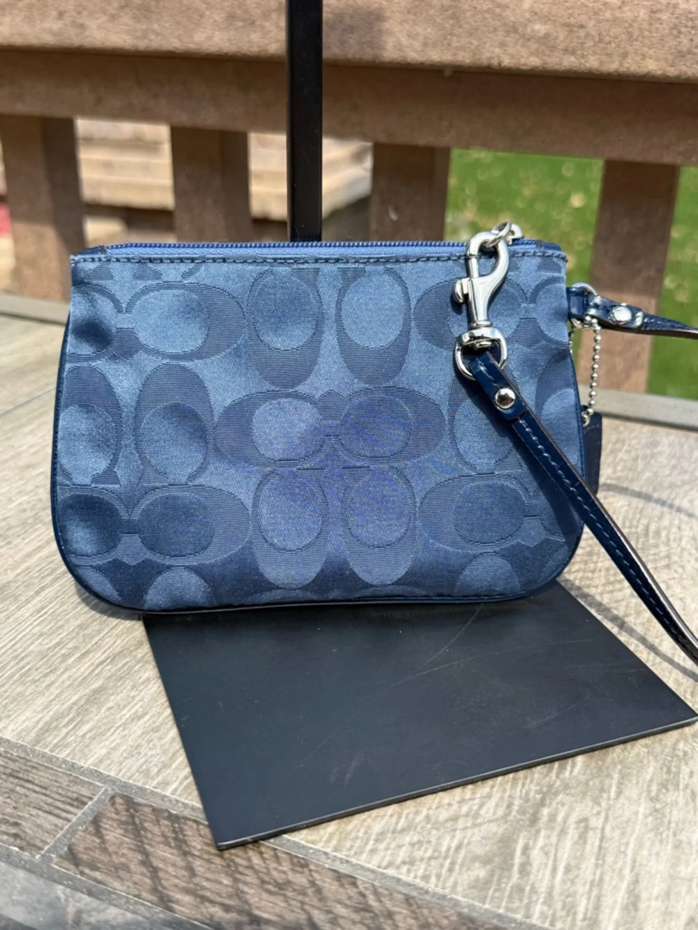 Coach Navy Sateen Logo and Patent Leather Small Wristlet EUC